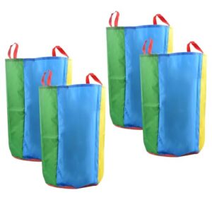 Vier bunte Kartoffelsack Renntaschen in verschiedenen Farben, perfekt für Familienaktivitäten und Spiele im Freien, Größe 50x70cm.