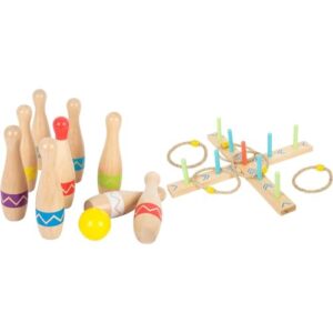 Holzspielzeug-Set für Kinder: Kegelspiel und Ringwurfspiel im modernen Design, fördert Geschicklichkeit und Motorik, geeignet für drinnen und draußen.