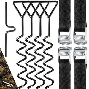 Bodenanker Set für sichere Outdoor-Befestigungen, bestehend aus spiralförmigen Erdankern und stabilen Gurten, ideal für Trampoline, Pavillons und Zelte.