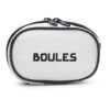 Kleine, ovale Tasche für Boules-Spiel, weiß mit schwarzem Reißverschluss und Schriftzug 'BOULES'.