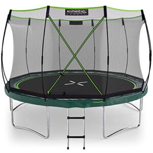 Rundes KINETIC SPORTS Trampolin im Federlos-Design mit Sicherheitsnetz und grüner Polsterung, Outdoor Gartentrampolin für Familien, Durchmesser 366 cm