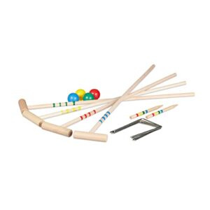 Farbenfrohes Krocketspiel-Set für 4 Spieler mit Holzschlägern, bunten Bällen und Metalltoren für den Garten.