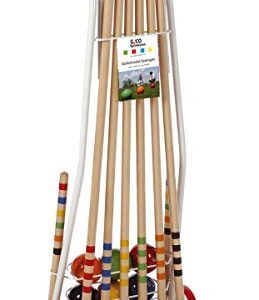 Hochwertiges Krocket Set für 6 Spieler, bestehend aus Schlägern aus Massivholz, bunten Krocket-Bällen und einem stabilen Transportwagen aus Holz, ideal für Gartenpartys und Outdoor-Spiele.