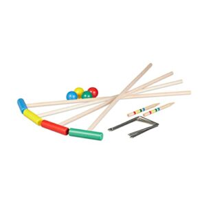 Relaxdays Krocket Komplettset für 4 Spieler mit Schlägern, bunten Kugeln und stabilen Toren aus Holz und Metall, geeignet für Garten und Freizeitspiele.