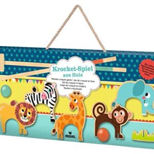 Verpackung des Krocket-Spiels aus Holz für Kinder mit bunten Tierfiguren und Spielmaterialien.