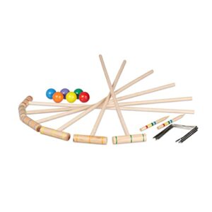 Komplettset für Krocket Spiel mit 6 Holzschlägern, bunten Bällen und Metalltoren für das Outdoor-Vergnügen von Familien und Freunden.
