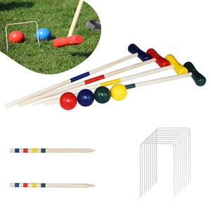 Krocket Spielset für den Garten mit Holzschlägern, bunten Bällen und Metalltoren, ideal für Outdoor-Aktivitäten mit Familie und Freunden.