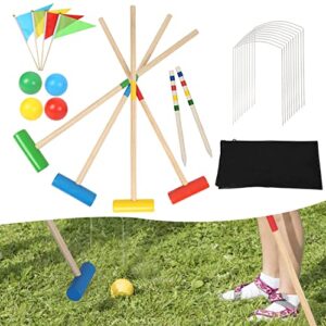 Krocketspielset für 2-4 Spieler im Freien, bestehend aus Holzschlägern, bunten Bällen, farbigen Fähnchen und Metalltorstangen für ein freundliches Geschicklichkeitsspiel.