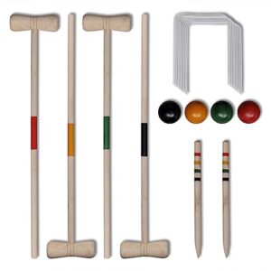 Krocket Croquet Gartenspiel Set aus Holz für 4 Spieler mit Schlägern, bunten Bällen und Toren, ideal für unterhaltsame Outdoor-Aktivitäten im Garten oder am Strand.