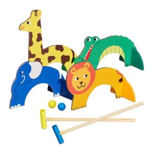 Farbenfrohes Krocket Set für Kinder mit Tier-Design, bestehend aus zwei Schlägern, zwei Bällen und vier Toren, ideal für den Spielspaß im Freien