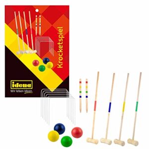 Idena Krocketspiel aus Holz mit Schlägern, bunten Bällen und Metalltoren im praktischen Tragenetz für unterhaltsame Freizeitaktivitäten im Garten oder Park.