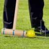 Spieler im Garten mit Holzschläger und gelber Croquet-Kugel, umgeben von Croquet-Toren und Rasen, ideal für Freizeitaktivitäten und Familienfeiern.