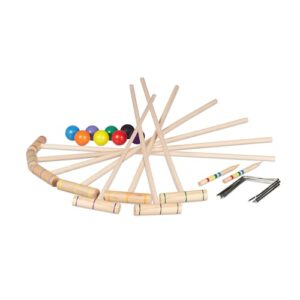 Komplettset für Krocketspiel mit 8 Schlägern, bunten Holz-Kugeln und Metalltore, ideal für Garten und Freizeit mit Familie und Freunden.