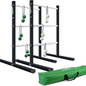 VIVERE Ladder Golf Extreme Metal Edition aus robustem Metall mit runden Bällen in grün und weiß, ideal für Garten- und Freizeitaktivitäten.