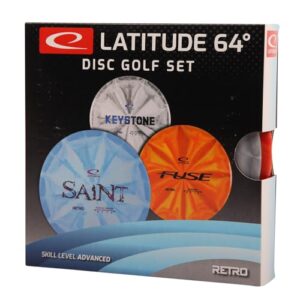 Latitude 64° Discgolf Starterpack in Retro-Optik mit verschiedenen Disc Golf Scheiben für fortgeschrittene Spieler. Das Set umfasst die Discs Keystone, Saint und Fuse in bunten Farben, ideal für den Einstieg in den Discgolf-Sport.
