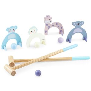 Mamabrum Krocket Set für Kinder mit niedlichen Tiermotiven aus Holz, bestehend aus bunten Holzfiguren, Schlägern und farbigen Kugeln, ideal für die Förderung von Geschicklichkeit und Koordination im Freien.