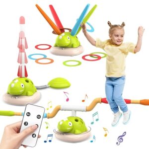 Musikalisches Sprungspiel Set mit buntem Marienkäfer Design, bestehend aus einem Raketenwerfer, Ringwurfspiel und Springseil, fördert die körperliche Aktivität von Kindern im Freien.