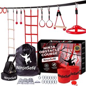 Ninja Hindernisparcours für Kinder mit Kletternetz, Ringen, Holzstange und Schaukelring, ideal für Outdoor-Abenteuer und Förderung der Fitness.