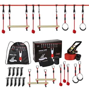 Ninja Line Slackline Set 15 Meter mit verschiedenen Trainingshindernissen wie Ringen und Seilknoten für Jugendliche und Erwachsene, ideal zur Verbesserung von Geschicklichkeit und Fitness.