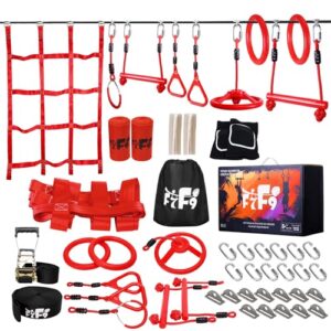 Ninja Warrior Slackline Set für Kinder, 15 Meter lange Ninja Line mit Sicherheitszubehör und verschiedenen Trainingsgeräten für Outdoor-Aktivitäten.