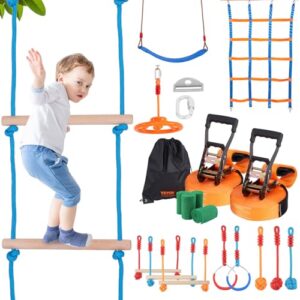 VEVOR Ninja Slackline Hindernisse Set mit Kindern, die auf einer horizontalen Leiter balancieren, umgeben von verschiedenen Kletter- und Spielgeräten für aktive Kinder im Freien.