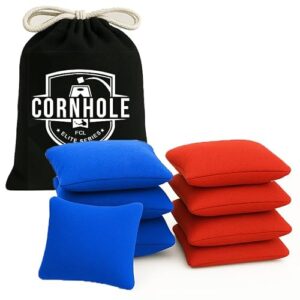 Set aus 4 blauen und 4 roten Cornhole Taschen aus 100% Baumwolle, wasserdicht, perfekt für Outdoor-Spiele mit Familie und Freunden.