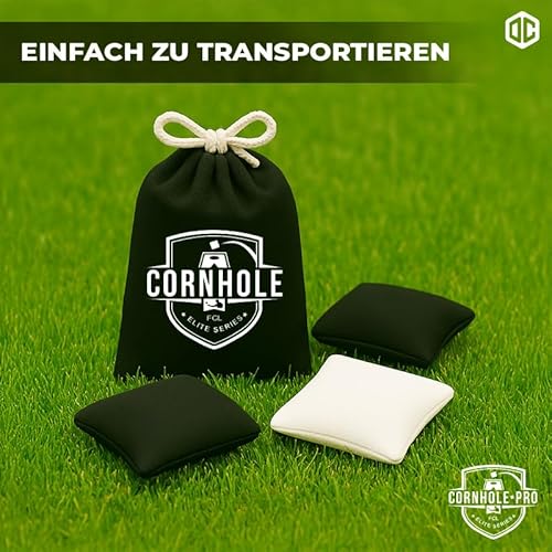 Set von offiziellen Cornhole Bags in schwarz und weiß, aus hochwertiger Baumwolle, ideal für das amerikanische Freizeitspiel Cornhole im Freien.