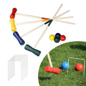 ORHEYA Krocket Set aus Holz mit farbigen Schlägern, Bällen und Wickets auf grünem Rasen für Garten- und Outdoor-Aktivitäten für bis zu 4 Spieler.