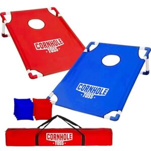 Set für das Spiel Cornhole mit roten und blauen Spielbrettern sowie einer Tragetasche, ideal für Outdoor-Aktivitäten und Familienunterhaltungen.