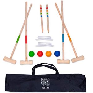 Ocean 5 Krocket Set – Komplettes 21-teiliges Outdoor-Spielset aus Holz für Kinder und Erwachsene, geeignet für 2-4 Spieler mit bunten Schlägern, Bällen und Toren.