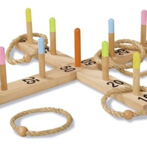 Outdoor Ringwurfspiel aus Kiefernholz mit 5 Wurfringen, 1 Kreuz und 9 Spielstäben, geeignet für Geschicklichkeitsspiele im Freien.