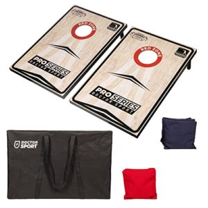 Profi Series Cornhole Doppel Komplettset mit zwei robusten Holzbrettern, 90x60 cm, und 8 hochwertigen Bean Bags in Rot und Blau, ideal für Freizeitaktivitäten im Freien.