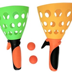 Zwei farbenfrohe Fanggeräte für das Riesen-XXL-Fangballspiel, ideal zum Spielen und Fangen von Bällen im Freien, in lebhaften Farben Grün und Orange mit kleinen leichten Schaumstoffbällen im Vordergrund.