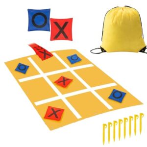 Großes Tic Tac Toe Spielset für Outdoor-Aktivitäten mit einer gelben Spielmatte, farbigen Spielmarkern und einem Rucksack zur Aufbewahrung.