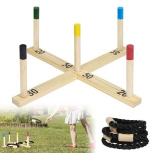 ORHEYA Ringwurfspiel aus Holz für Draußen, mit bunten Ringen und Holzpfosten - ideales Familienspiel für Garten und Freizeit