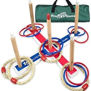 Ringwurfspiel Set für drinnen und draußen mit fünf Seilringen und einem stabilen Holzsockel, ideal für gesellige Aktivitäten und Wettkämpfe für Familie und Freunde.