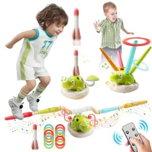 Farbiger, dynamischer Outdoor-Spielzeugset für Kinder mit Rakete, Wurfspiel und Springseil, geeignet für aktive Spiele im Freien.