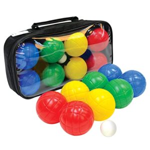 Schildkröt Fun Boccia Set in transparenter Tragetasche mit bunten Kunststoffkugeln in Grün, Blau, Rot und Gelb sowie einer weißen Zielkugel.