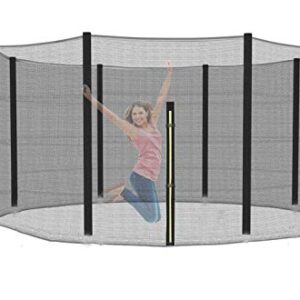 Mädchen springt fröhlich auf einem Trampolin, umgeben von einem Sicherheitsnetz, das für Modelle mit 244 cm, 305 cm, 366 cm und 427 cm Durchmesser geeignet ist.