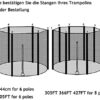 Anleitung zur Überprüfung der Stangen eines Trampolins vor der Bestellung eines Sicherheitsnetzes, zeigt zwei Trampolin-Modelle mit 6 und 8 Stangen für verschiedene Durchmesser.