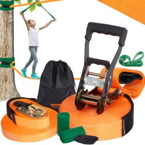 VEVOR Slackline Hindernisse Set mit orangefarbenen Slacklines und Zubehör im Einsatz, ideal für Ninja-Hindernisparcours und Outdoor-Training.