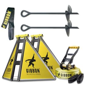 Gibbon Slacklines IndependenceKit Classic für Slacklinen ohne Bäume, witterungsbeständig mit Zubehör wie Slackframes, Bodenschrauben und Anleitungen, ideal für Balance und Spaß.