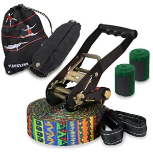 Farbenfrohes ALPIDEX Slackline Set von 15 Metern für Kinder und Anfänger mit Baumschutz und Ratschenschutz