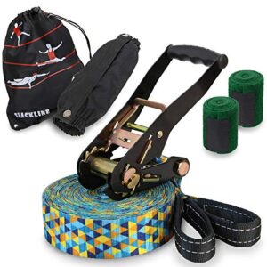 Bunt gestaltetes Slackline Set mit breitem Slackline-Gurt, ergonomischer Spannvorrichtung und Baumschutzpolstern zur sicheren Nutzung. Ideal für Kinder und Anfänger.