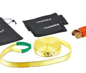 HUDORA Slackline Set mit Baumschutz, bestehend aus zwei schwarzen Tragetaschen, Klettverschluss-Polstern, einem gelben Gurtband und weiteren Zubehörteilen für das Slacklining, ideal für Outdoor-Aktivitäten.