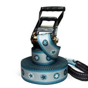Slackline Set in Blau mit Sternen, 15 Meter Länge, ideal für Kinder und Anfänger, inklusive Halteseil und Tragebeutel.