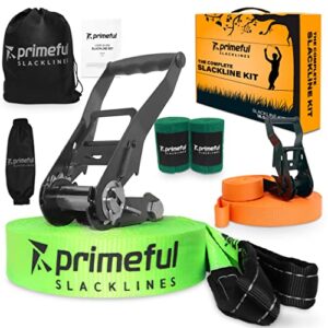 Primeful Slackline Set für Kinder und Erwachsene mit 18,5 m Länge, inklusive Übungsleine, Armtrainer und Baumschutz. Hohe Qualität mit ergonomischer Ratsche in praktischer Tragetasche.