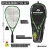 Schildkröt Speed-Badminton Set mit zwei handlichen Aluminium-Rackets, drei windstabilen Bällen und einer praktischen Aufbewahrungstasche im grün-schwarzen Design.