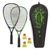 Speed-Badminton Set mit zwei handlichen Aluminium-Rackets und drei windstabilen Bällen in grüner und schwarzer Tragetasche, ideal für das Spiel im Freien.