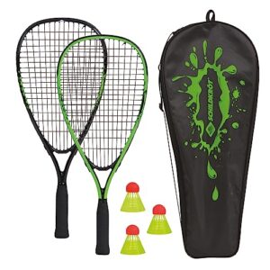 Speed-Badminton Set mit zwei handlichen Aluminium-Rackets und drei windstabilen Bällen in grüner und schwarzer Tragetasche, ideal für das Spiel im Freien.